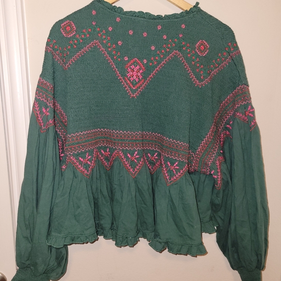 Free People Forest Green Blouse with Pink Embroidery size medium - Picture 5 of 5